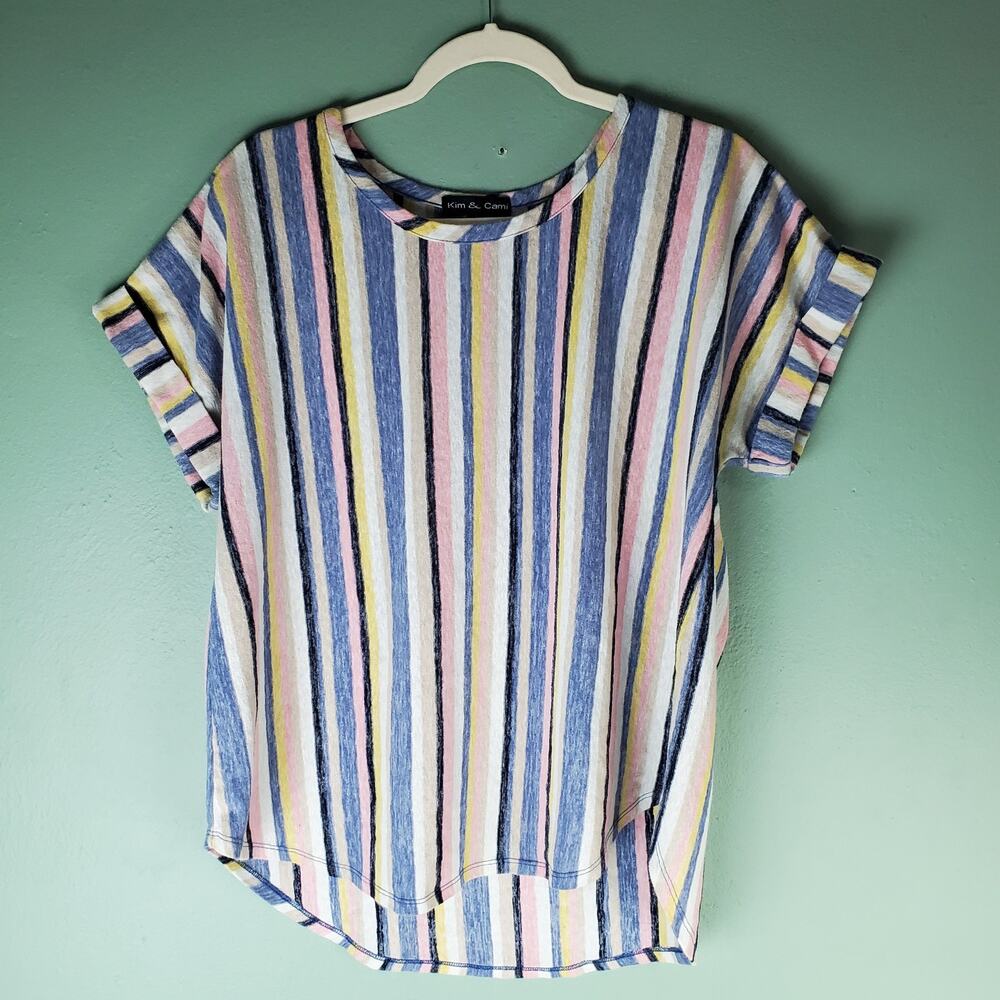 Kim & Cami Womens Multicolored Striped Short Sleeve Casual Top Size 1X